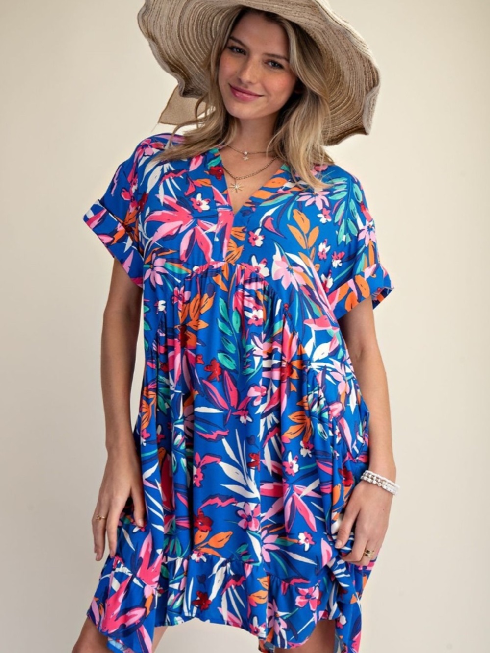 "The Liv" Blue Floral Print Dress with Multicolor Blooms
